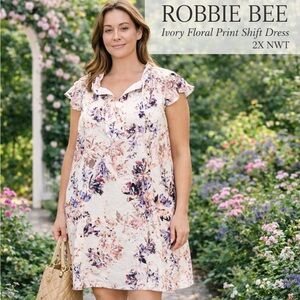 Robbie Bee Ivory Floral Tie Neck Shift Dress Plus Size 2X NWT